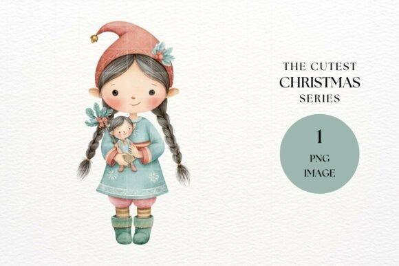 Cute Christmas elf girl holding a doll in a blue dress and red hat Christmas elf clipart designs