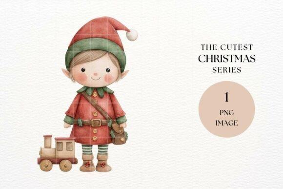 Cute Christmas elf clipart designs with a toy train, perfect for children's holiday cards and playful greetings
