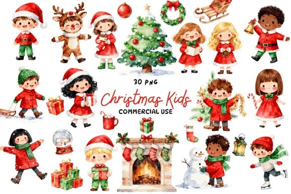 Creative kids clipart bundles featuring children in Christmas outfits, holiday decorations, and festive scenes