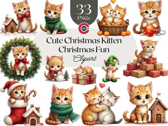 Christmas clipart featuring cute ginger and gray tabby kittens in festive holiday scenes with stockings, gifts, and wreaths