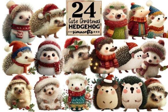 Cute Christmas clipart featuring 24 festive hedgehogs in winter hats and scarves with holiday accessories