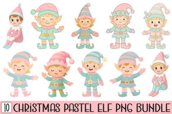 Christmas elf clipart designs featuring ten cute pastel-colored elves in various poses for holiday cards