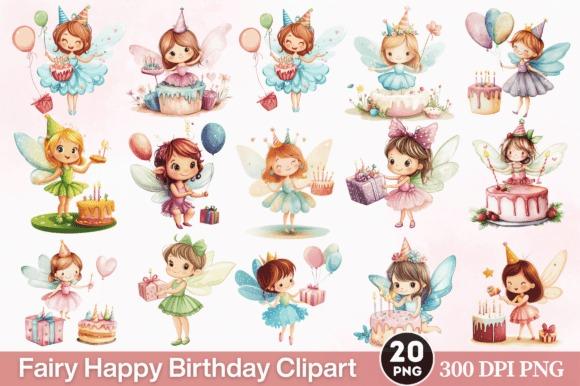 best happy birthday clipart featuring cute fairy characters with birthday cakes, balloons, and gifts in watercolor style