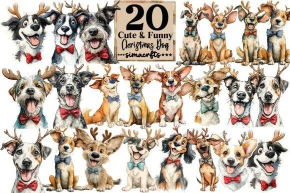 Christmas clipart for holiday cards featuring 20 cute and funny dogs wearing antlers and bow ties in various poses