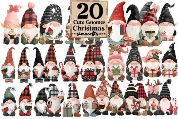 Christmas clipart for holiday cards featuring 20 cute gnomes in various festive hats and outfits holding gifts and