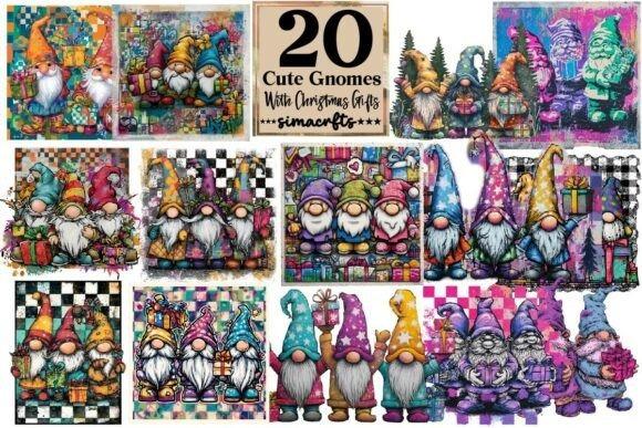 Cute Christmas clipart featuring 20 colorful gnomes with holiday gifts in transparent PNG format