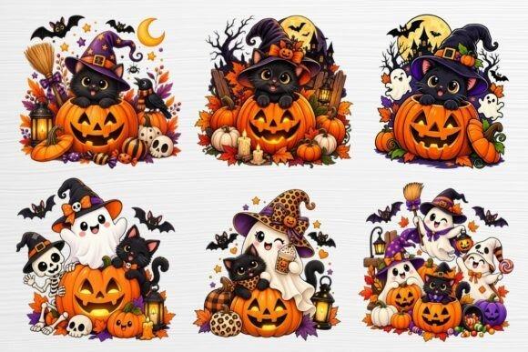 Halloween clipart featuring black cats, pumpkins, ghosts, skeletons, bats, and witch hats in cute PNG designs