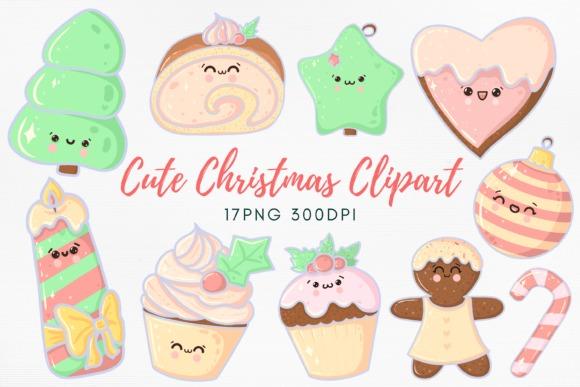 Christmas clipart set with 17 cute kawaii pastel holiday PNG graphics including tree, star, gingerbread, and sweets