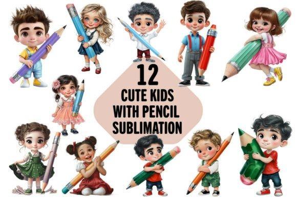 Creative kids clipart bundles featuring 12 cute children holding large pencils in various poses for educational projects