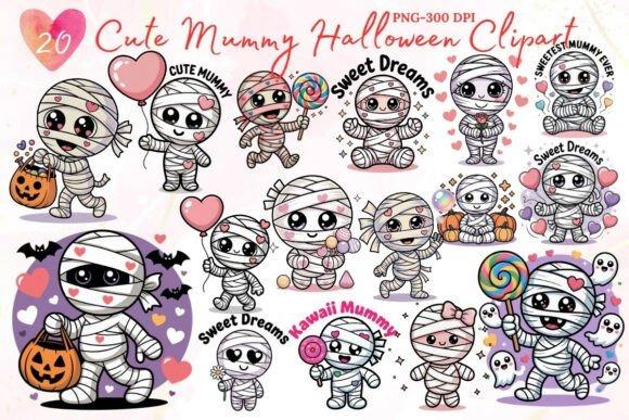 Halloween clipart featuring 20 cute pastel mummy characters with varied expressions and accessories like pumpkins, candy