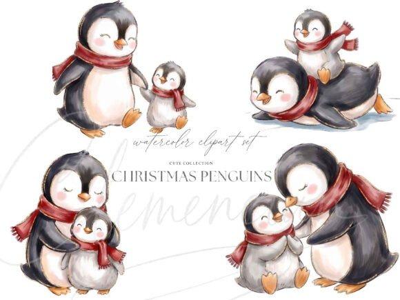 Christmas clip art of watercolor penguin family wearing red scarves in various poses