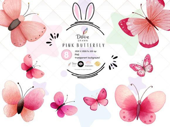 Cute pink butterfly clipart bundle with 8 watercolor-style PNG images, 3500x3500 px, transparent backgrounds