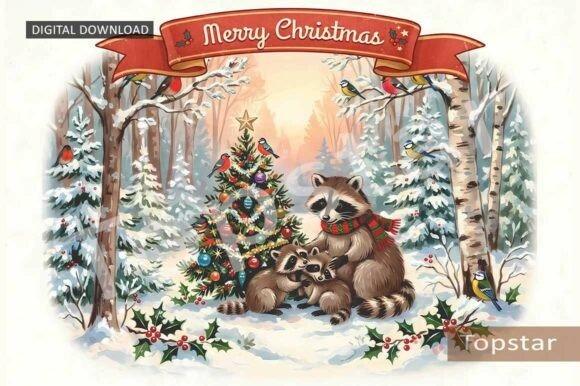 cute Christmas clipart showing a raccoon family by a decorated tree in a snowy forest with woodland birds