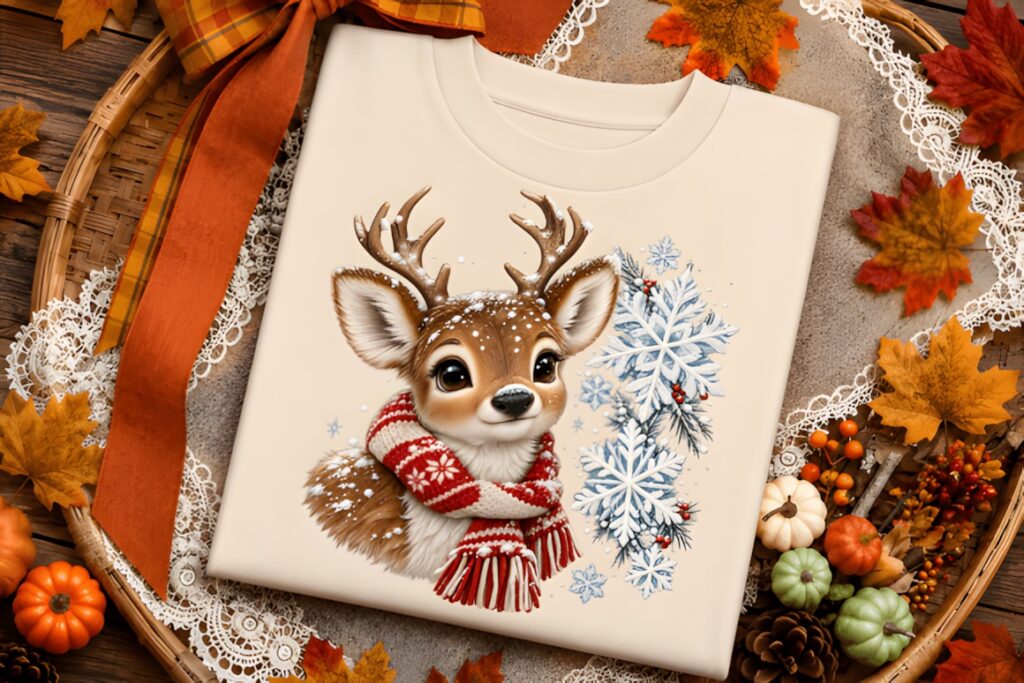 Cute reindeer Christmas PNG design on a folded beige shirt surrounded by autumn decorations — Xmas PNG Designs