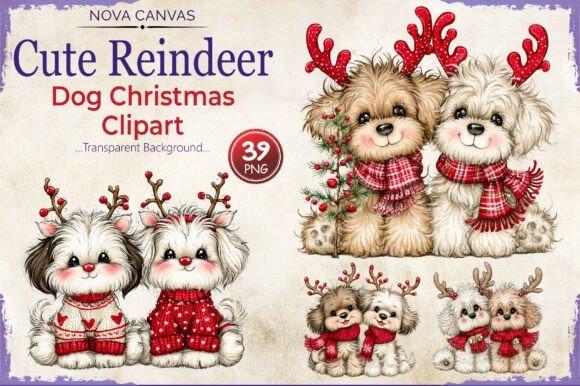 Christmas Clipart featuring cute reindeer dog characters with antlers and festive scarves in PNG format