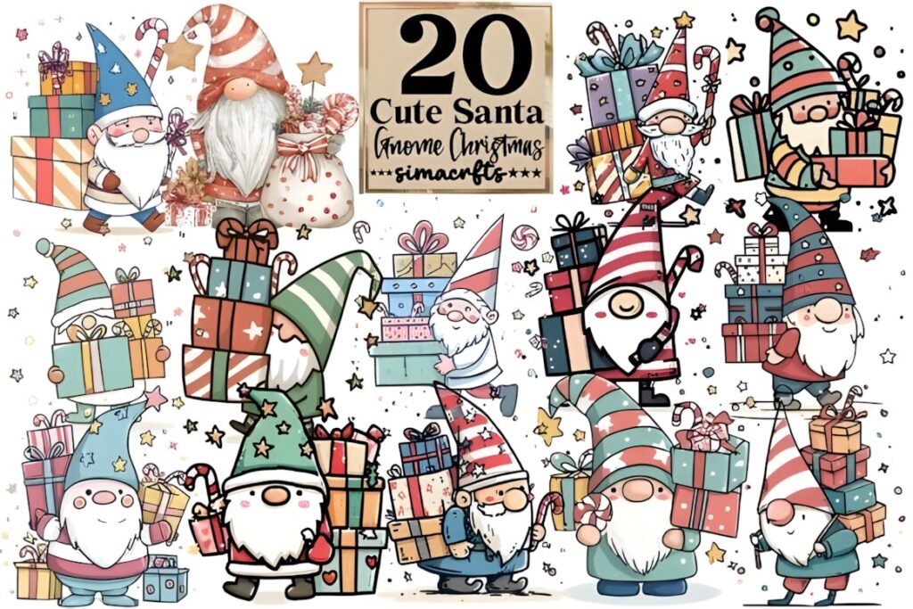 Christmas clip art featuring 20 cute Santa gnome characters with gifts and festive hats in playful style