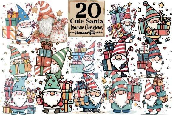 Christmas clipart for holiday cards featuring 20 cute Santa gnome designs with gifts and stars in whimsical style