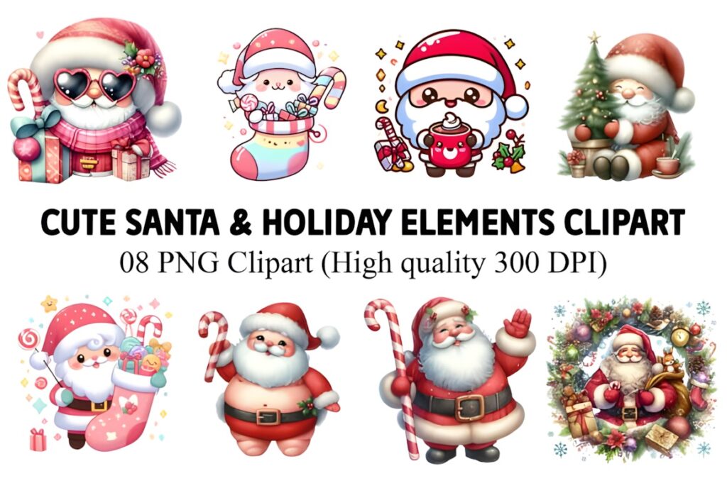 Set of eight Santa Claus clipart designs with holiday elements including candy canes, gifts, Christmas tree, and wreath in