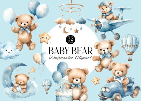 kids clipart featuring watercolor baby bear illustrations with balloons, stars, clouds, airplane, and cake