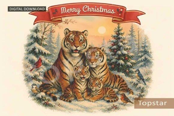 cute Christmas clipart of a tiger family in a snowy woodland with decorated Christmas tree and birds