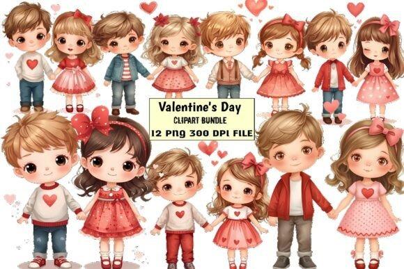 Creative kids clipart bundles featuring children in Valentine-themed outfits with hearts and festive decorations