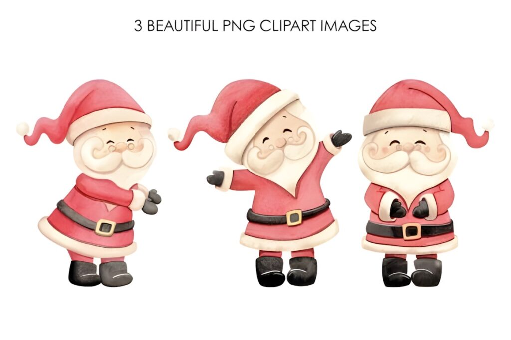 Three cheerful Santa Claus clipart illustrations in watercolor style with soft textures and transparent backgrounds