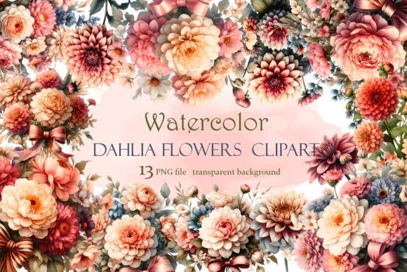 Watercolor Dahlia flower clipart with 13 transparent PNG files for floral design projects