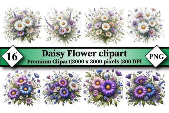 flower clipart featuring daisy floral bouquets in purple and white with green leaves in PNG format