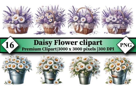 Flower clipart set featuring 16 daisy designs in baskets and buckets at 3000x3000 px, 300 DPI