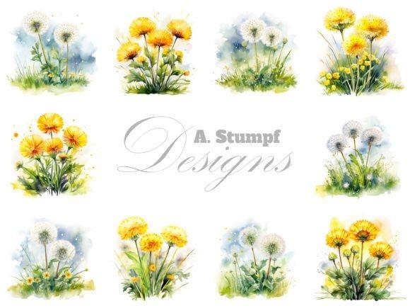Watercolor flower clipart set featuring yellow and white dandelion flowers on white backgrounds
