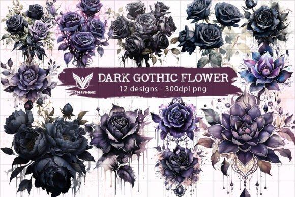 Dark gothic flower clipart bundle with 12 designs in PNG format at 300 DPI featuring moody black and purple floral artwork