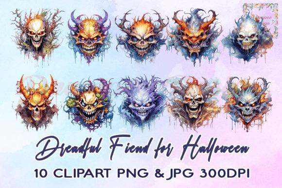 Set of 10 detailed Halloween clipart fiend skulls with fiery and monstrous designs in high resolution
