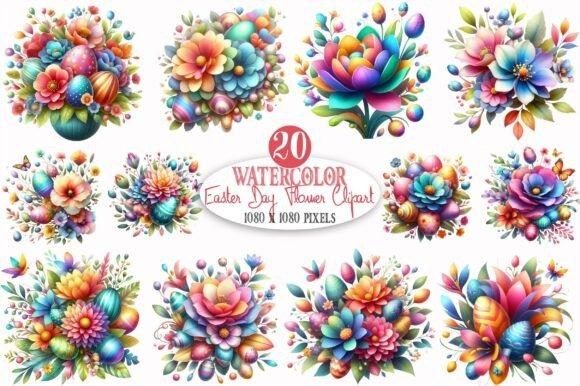 Colorful Easter flower clipart set with 20 watercolor floral designs and decorated eggs