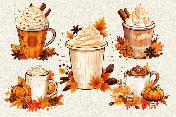 Fall Clipart featuring five latte coffee cups decorated with whipped cream, cinnamon sticks, pumpkins, and autumn leaves