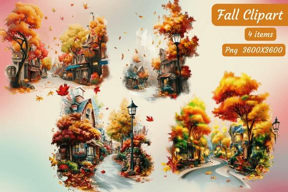 Fall Clipart featuring four autumn village scenes with colorful trees and street lamps