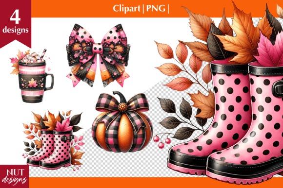 Fall Clipart set with pumpkin spice latte mug, pink polka dot rain boots, plaid pumpkin, and decorative bow with autumn