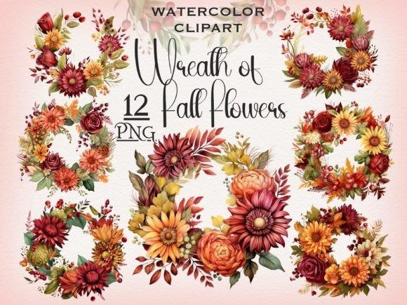 Cute flower clipart showing 12 unique watercolor fall flower wreaths with transparent backgrounds
