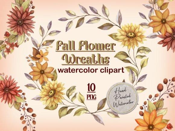 cute flower clipart of a fall flower wreath with dahlias and sunflowers in warm autumn colors