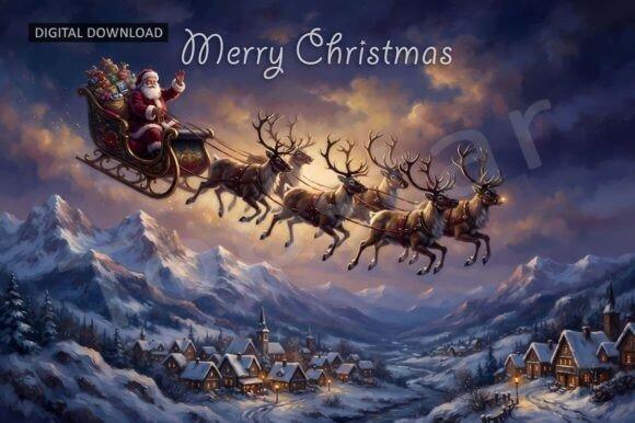 Cute Christmas clipart showing Santa's sleigh with reindeer flying over a snowy mountain village at night