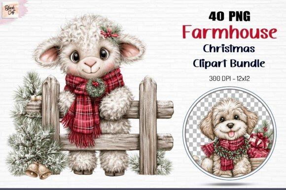 Farmhouse Christmas Clipart featuring a cute lamb with a red scarf leaning on a wooden fence decorated with pine and bells