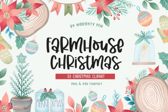 Farmhouse Christmas clipart with hand-drawn rustic holiday elements including poinsettias, ornaments, pine branches, and