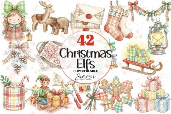 Christmas elf clipart designs featuring elves, reindeer, gifts, stockings, lanterns, and holiday decorations in a