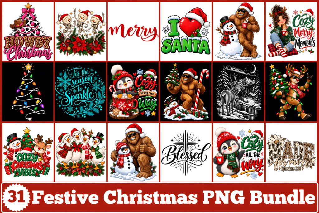 Festive Christmas PNG Designs including Santa, reindeer, snowman, ornaments, and holiday wording for Xmas PNG Designs