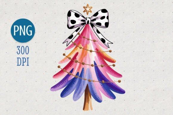Colorful Christmas Tree PNG Designs for Sublimation with pink, purple, and blue branches and a spotted bow on top