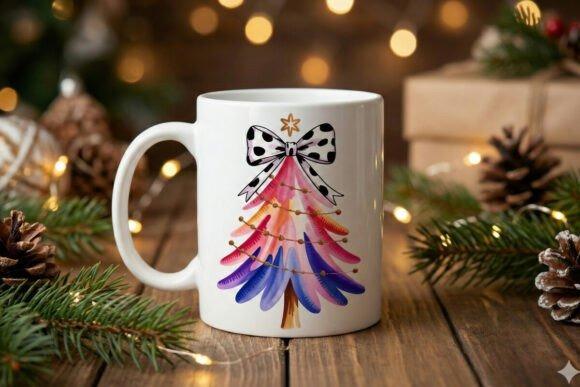 Christmas Tree PNG Designs for Sublimation on white mug with colorful tree and bow
