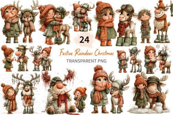 Christmas clipart featuring festive reindeer and children in winter clothing for holiday projects