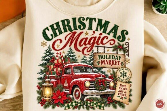 Christmas clipart featuring a red vintage truck with gifts and holiday decorations on a sweatshirt