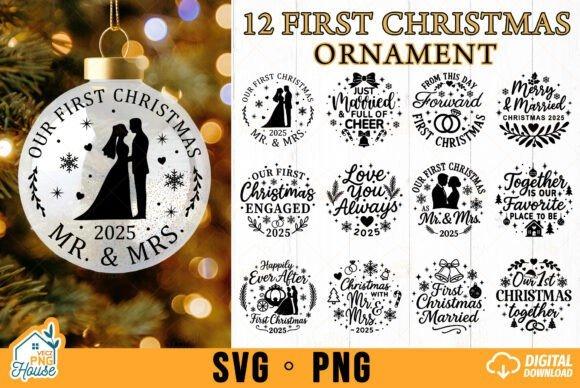 Cute Christmas clipart featuring 12 first Christmas ornament designs for personalized couple keepsake gifts