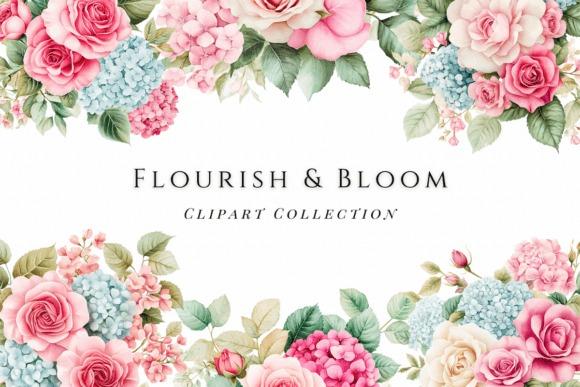 Flourish & Bloom flower clipart with pink roses, hydrangeas, and green leaves arranged decoratively