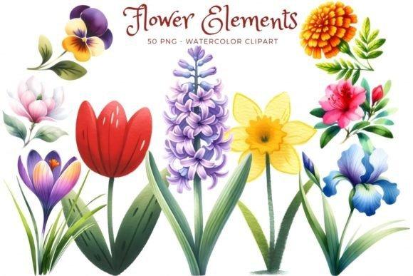 Watercolor flower clipart set with various colorful flowers including tulip, daffodil, iris, and marigold